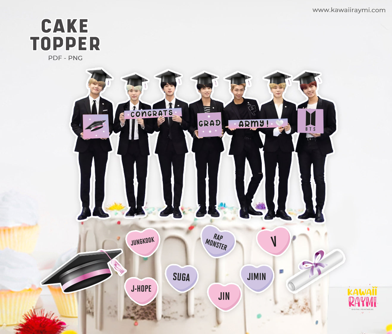 Adorno para tarta de graduación de BTS, felicitaciones, ejército, archivo digital