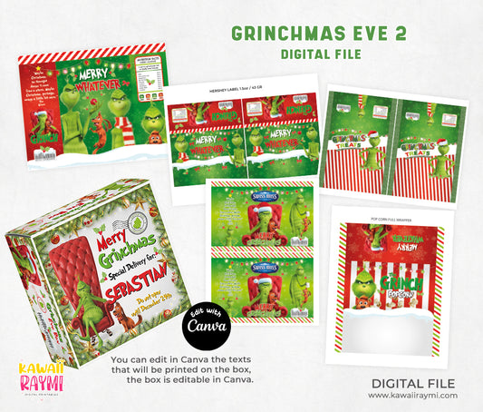 Grinchmas eve box template 2 and christmas eve favor labels, Instant download