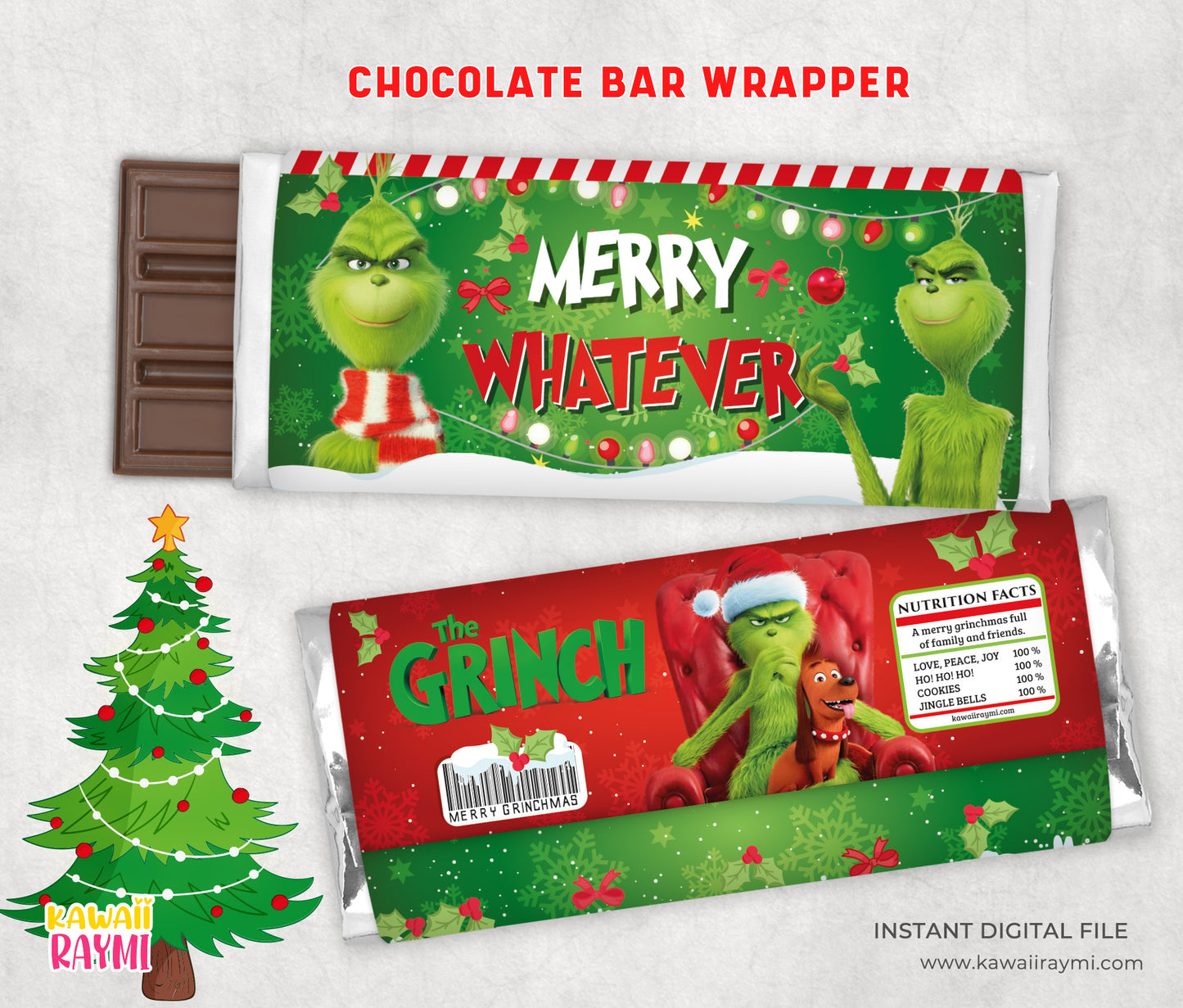 Envoltorio de barra de chocolate navideña de Grinch, Merry Whatever: archivo digital Merry Grinchmas