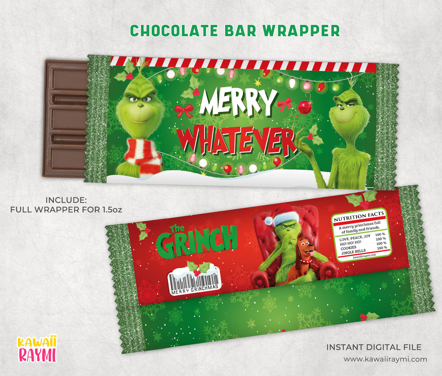 Envoltorio de barra de chocolate navideña de Grinch, Merry Whatever: archivo digital Merry Grinchmas