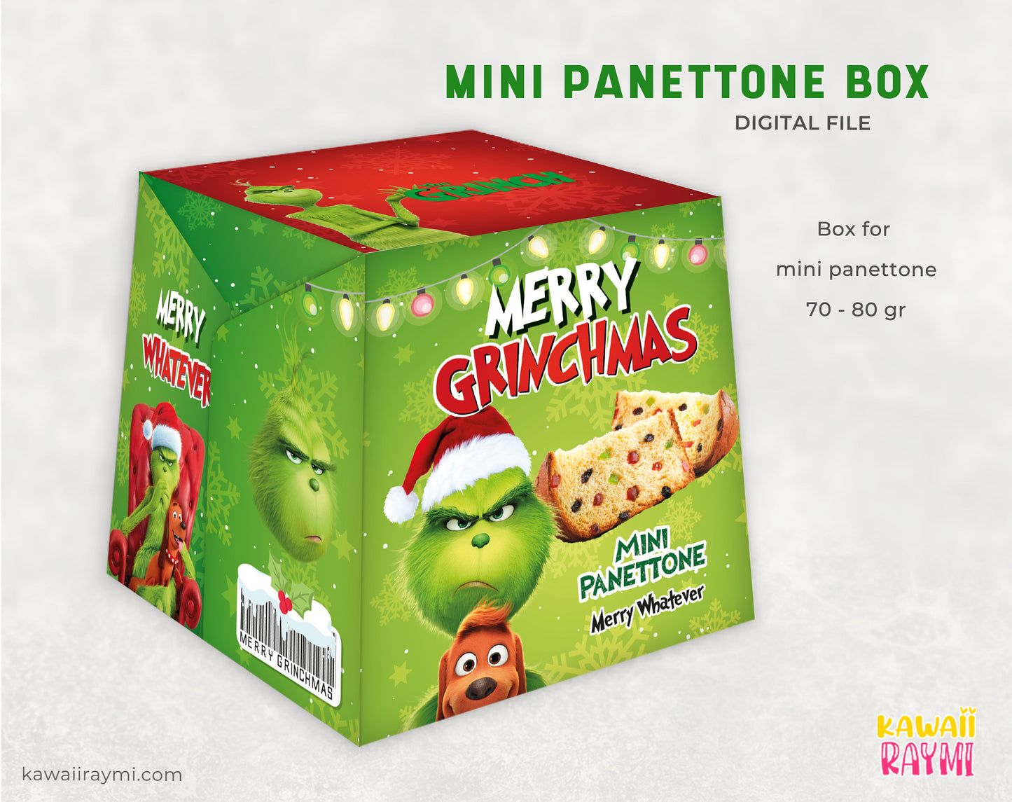 Archivo digital imprimible de caja de mini panettone, mini panettone de grinchmas feliz lo que sea