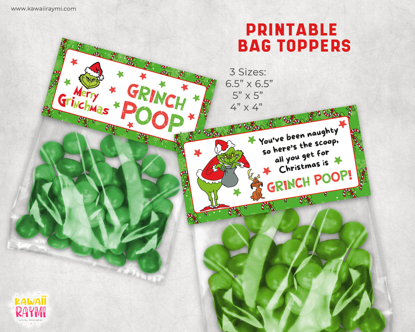 Adorno para bolsa de golosinas imprimible con forma de caca de Grinch, adorno para bolsa con forma de caca de Grinch