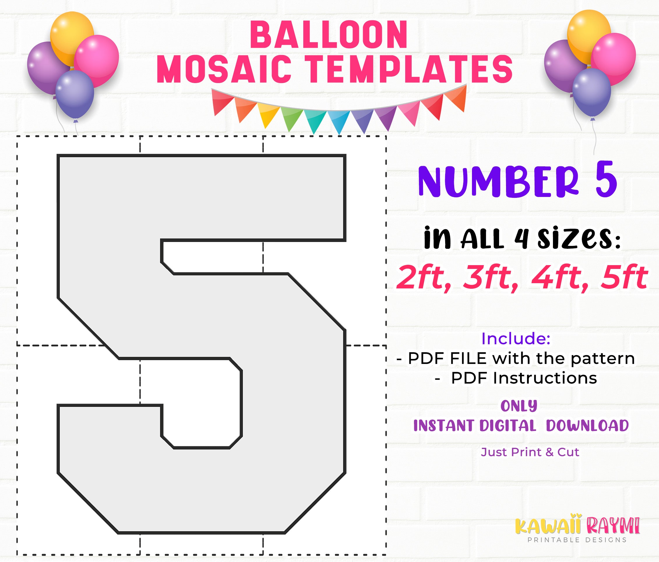 SQUARE Number 5, Balloon Mosaic Template, 2ft, 3ft, 4ft, 5ft Kawaii Raymi