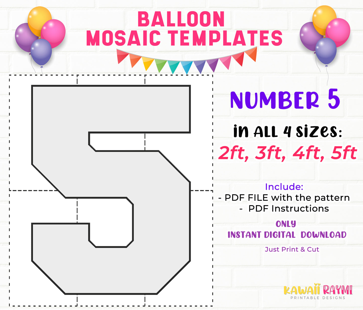 Plantilla de mosaico de globos CUADRADO número 5, 2 pies, 3 pies, 4 pies, 5 pies