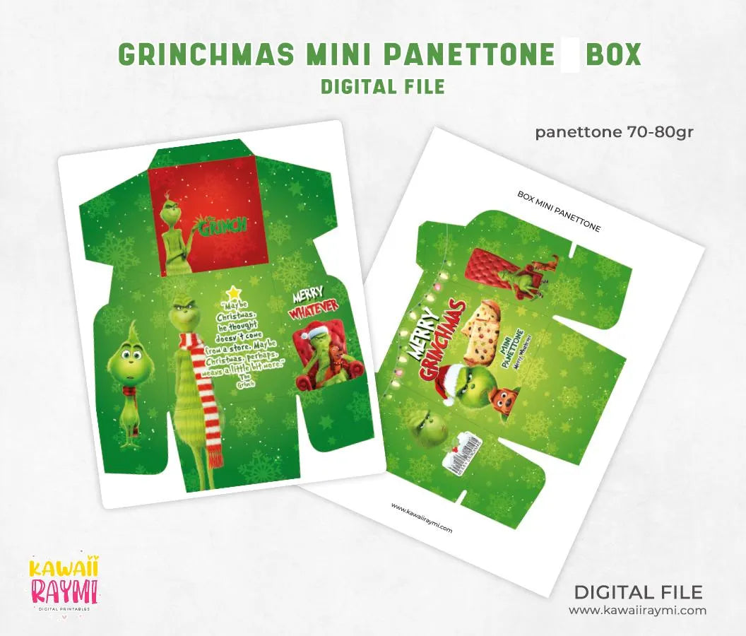 Archivo digital imprimible de caja de mini panettone, mini panettone de grinchmas feliz lo que sea