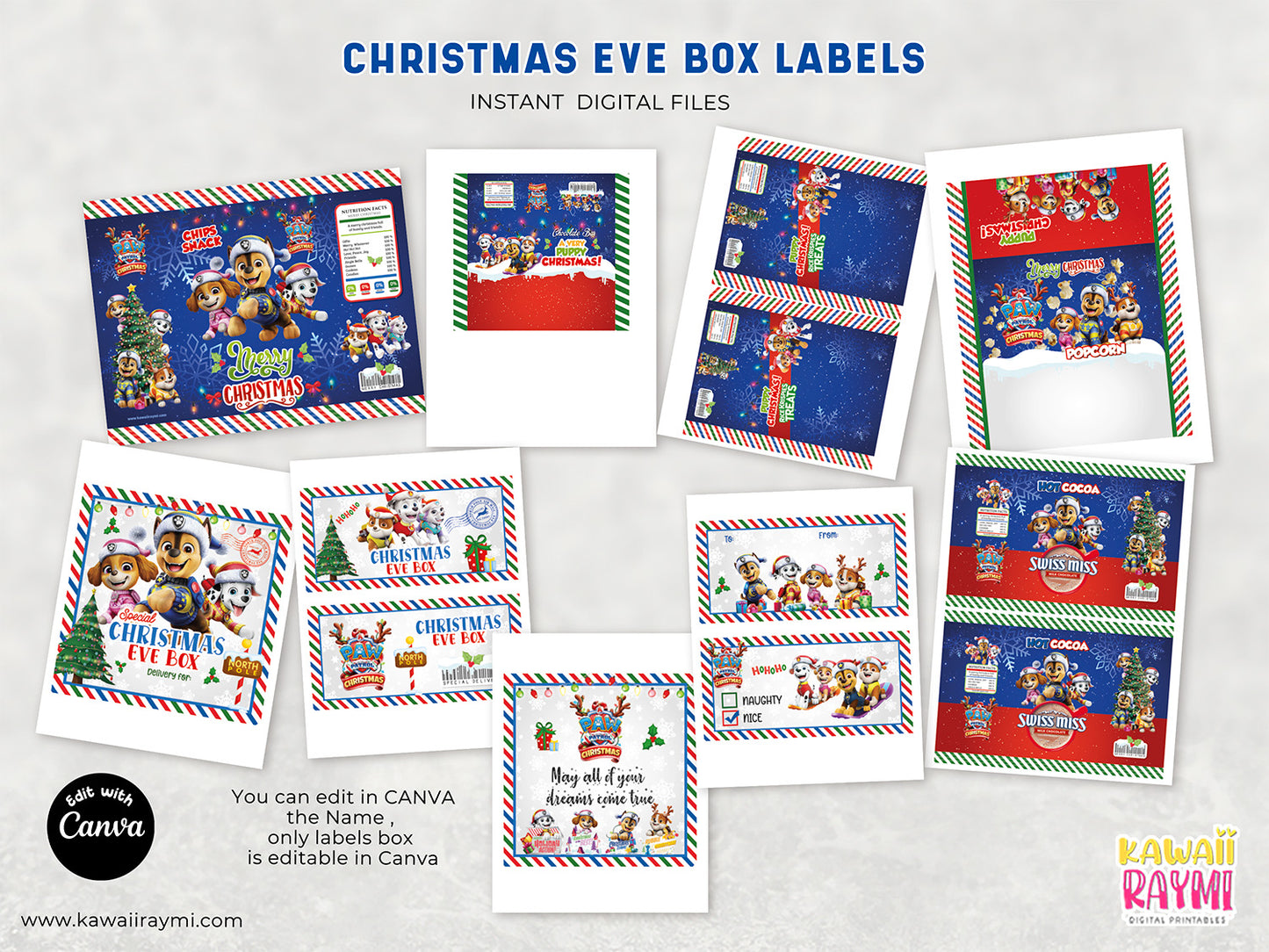 Christmas eve box labels paw puppies, digital files