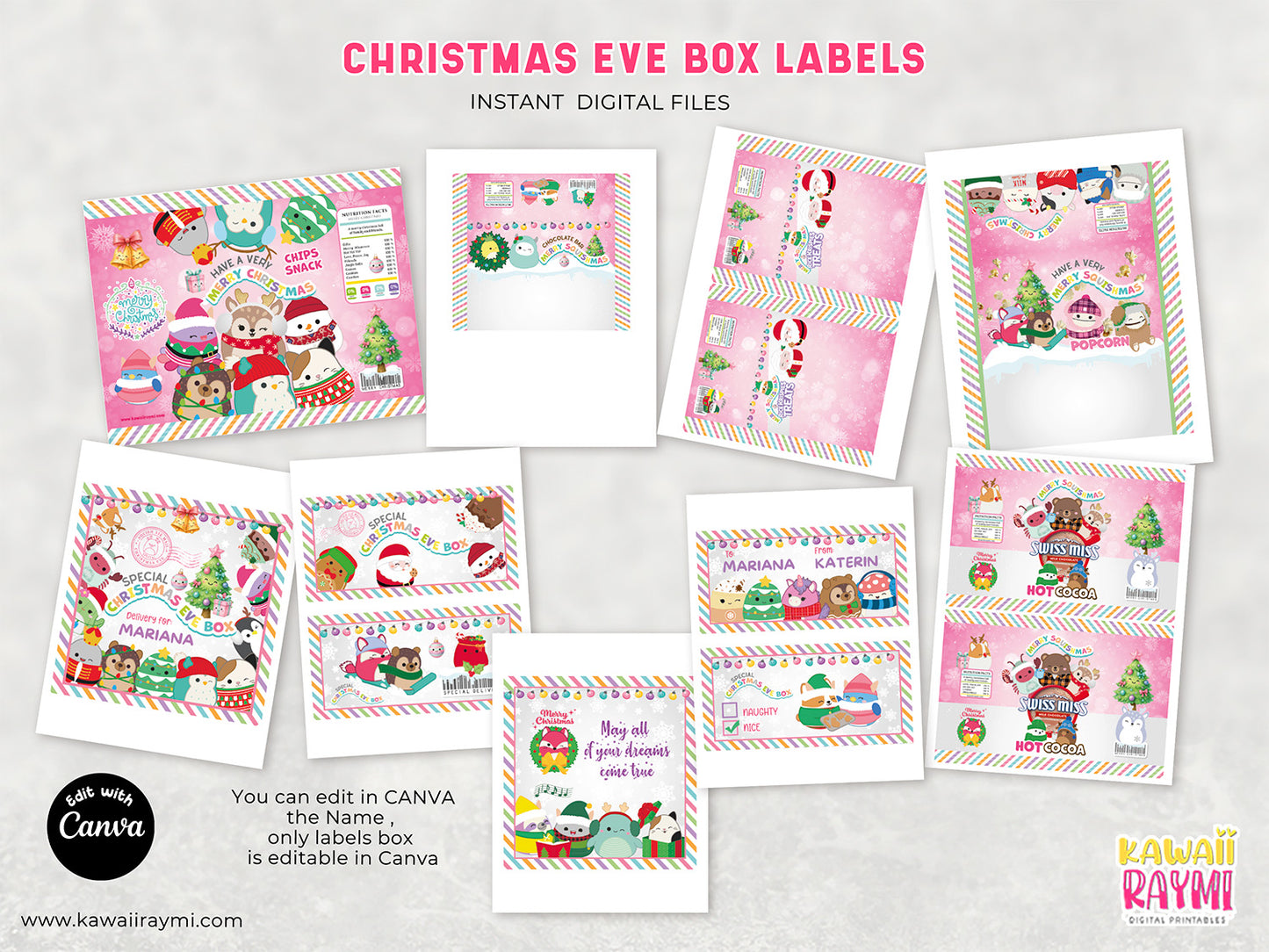 Christmas eve box labels squishy, merry squishmas, squishmallows digital files