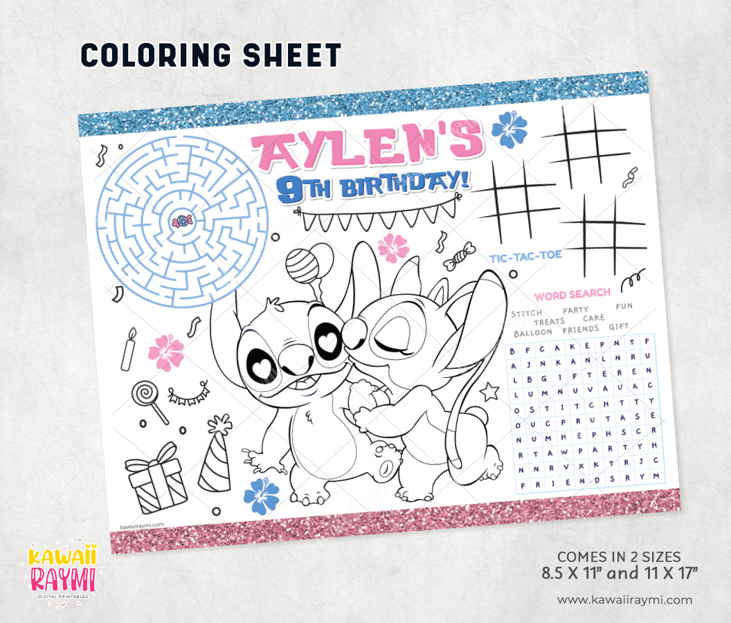 Stitch & Angel Coloring Sheet, party activity sheet-digital file