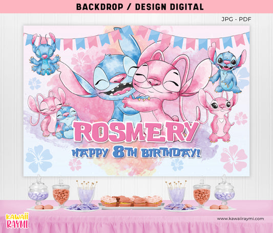 Stitch & Angel custom Backdrop - Birthday Backdrop - Banner - DIGITAL FILE