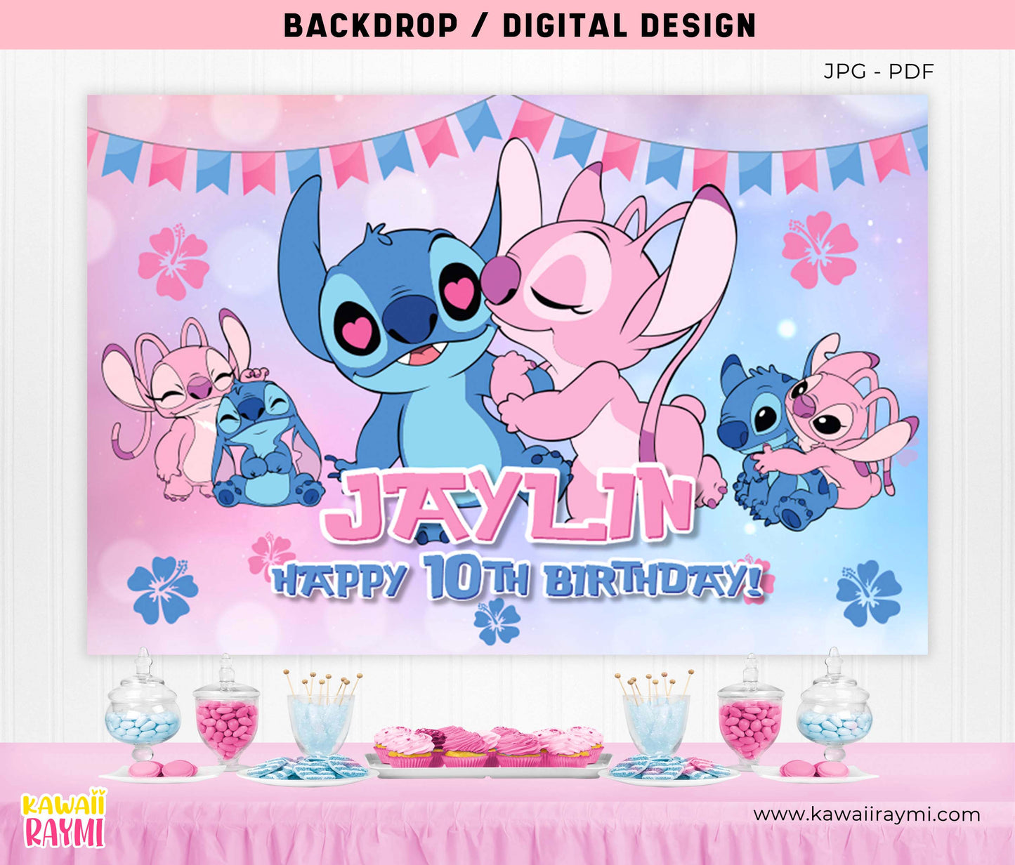 Stitch & Angel custom Backdrop - Birthday Backdrop - cute alien Banner - DIGITAL FILE-jpg