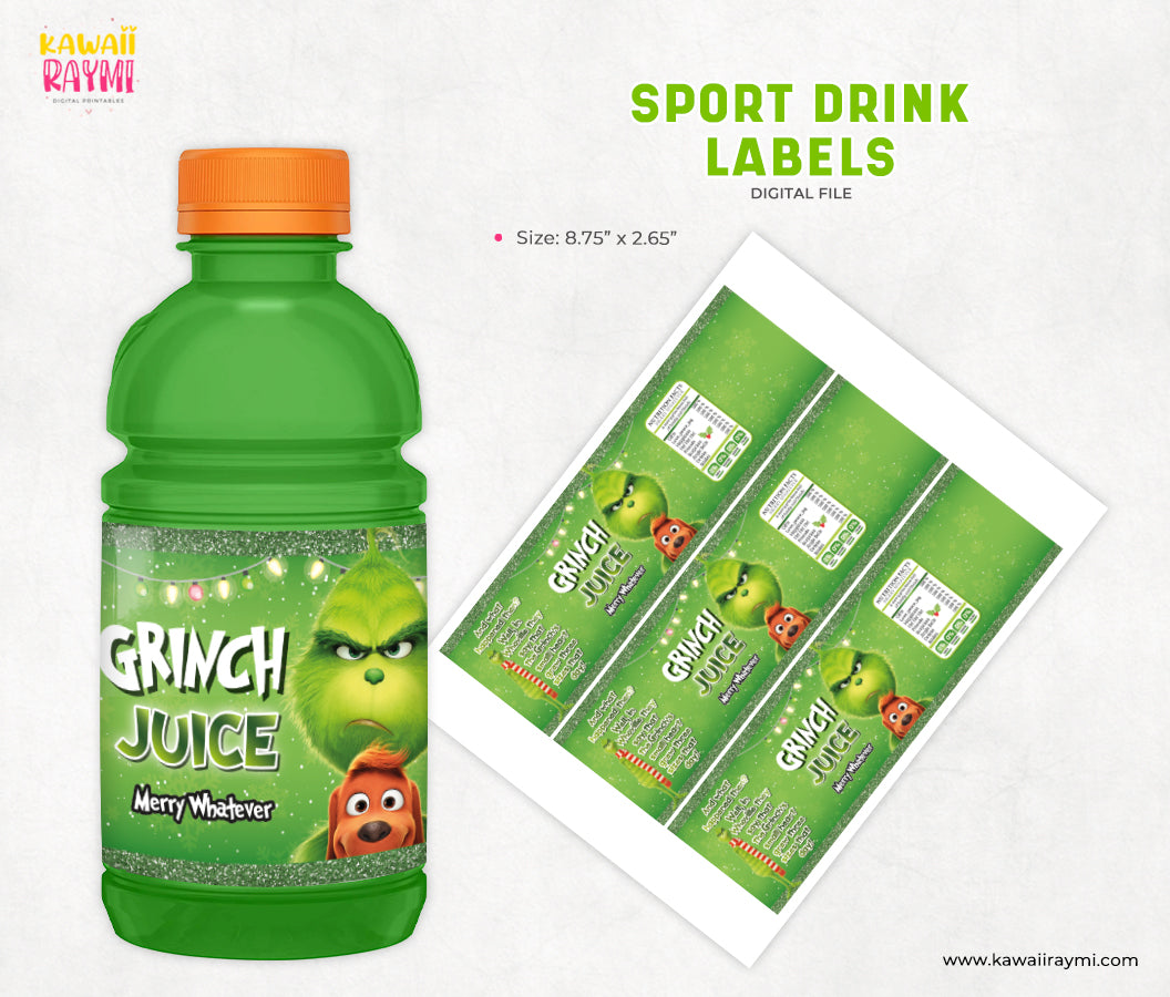 Bebidas deportivas navideñas, etiqueta de agua Merry Whatever, jugo Grinch, archivo digital