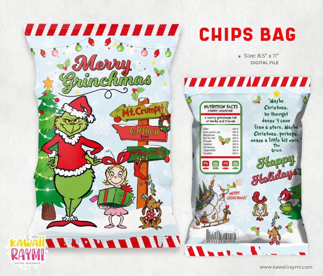 Fiesta de Grinchmas, bolsas de papas fritas de Grinchmas, bolsas de papas fritas alegres, bolsa de papas fritas de Grinch, descarga instantánea