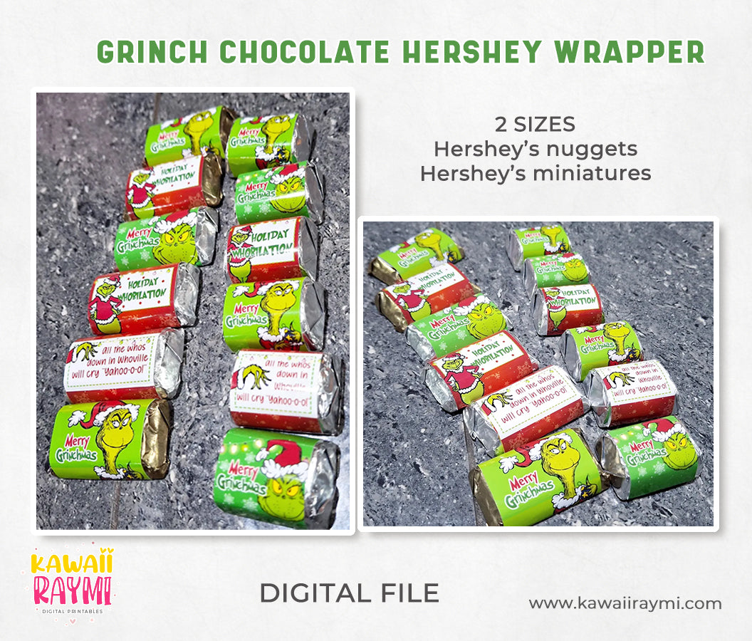Nuggets de chocolate de Hershey de Grinch, miniaturas de chocolate de Grinch para imprimir, mini envoltorios de chocolate navideños, nuggets digitales de envoltorios de Grinch para Grinch