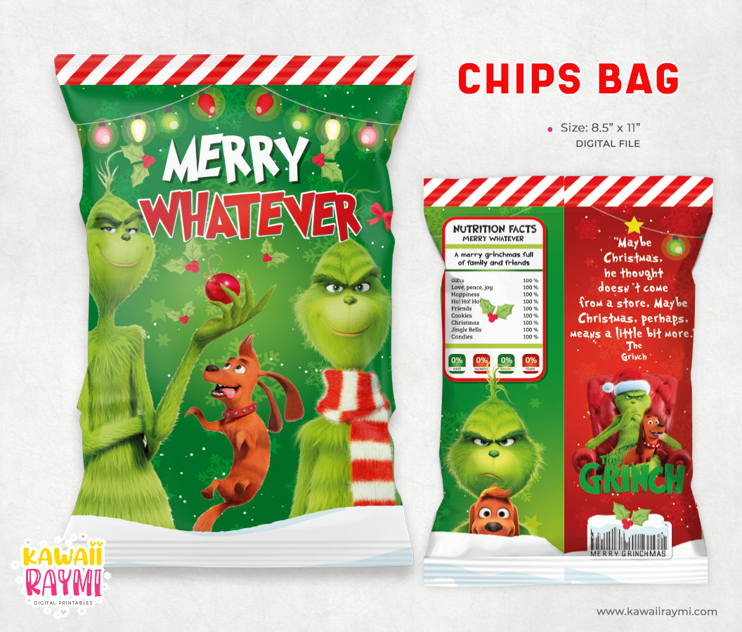 Merry whatever grinchmas chips bag, digital file, christmas party favors, chips bag christmas eve, grinchmas Instant files