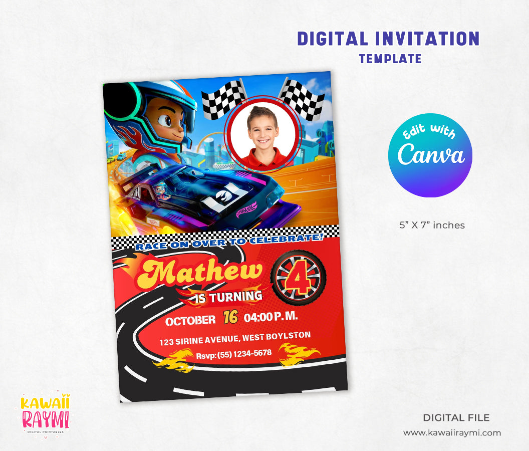 Plantilla CANVA para hacer tú mismo de invitación de cumpleaños de Hot Wheels, archivo digital