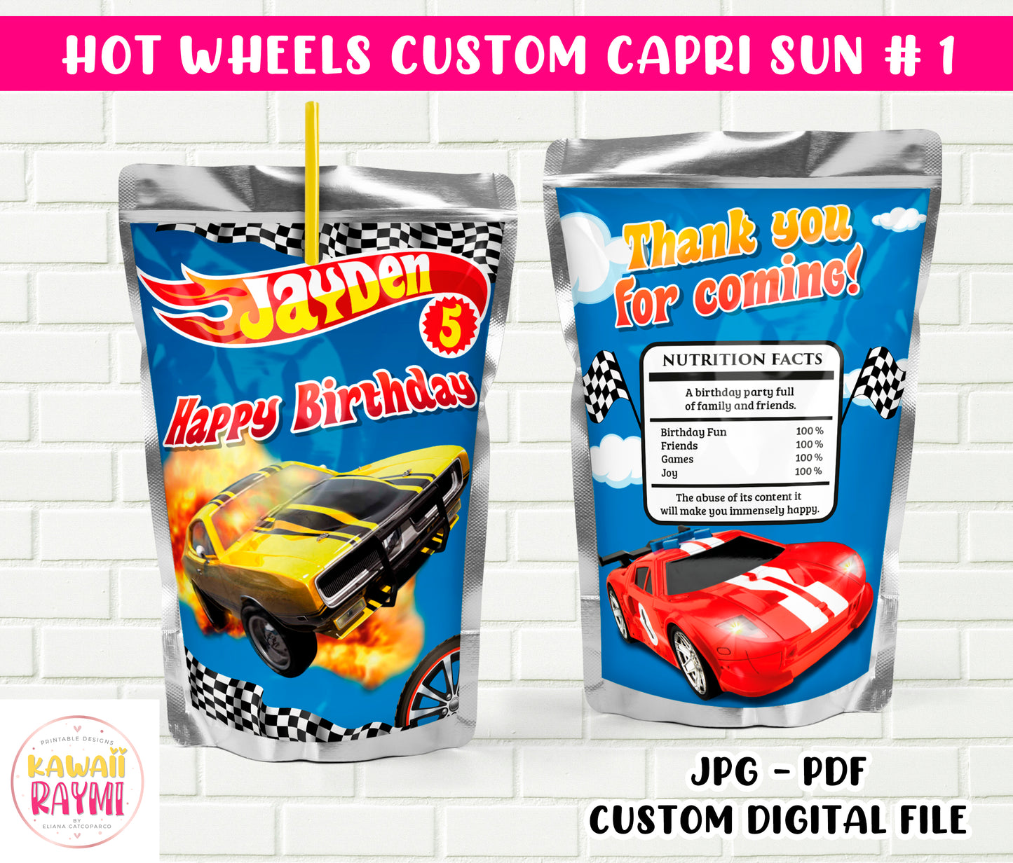 Ruedas calientes personalizadas Capri Sun ETIQUETA Imprimible - Favores de fiesta personalizados - Regalos de agradecimiento - Cumpleaños - ARCHIVO DIGITAL