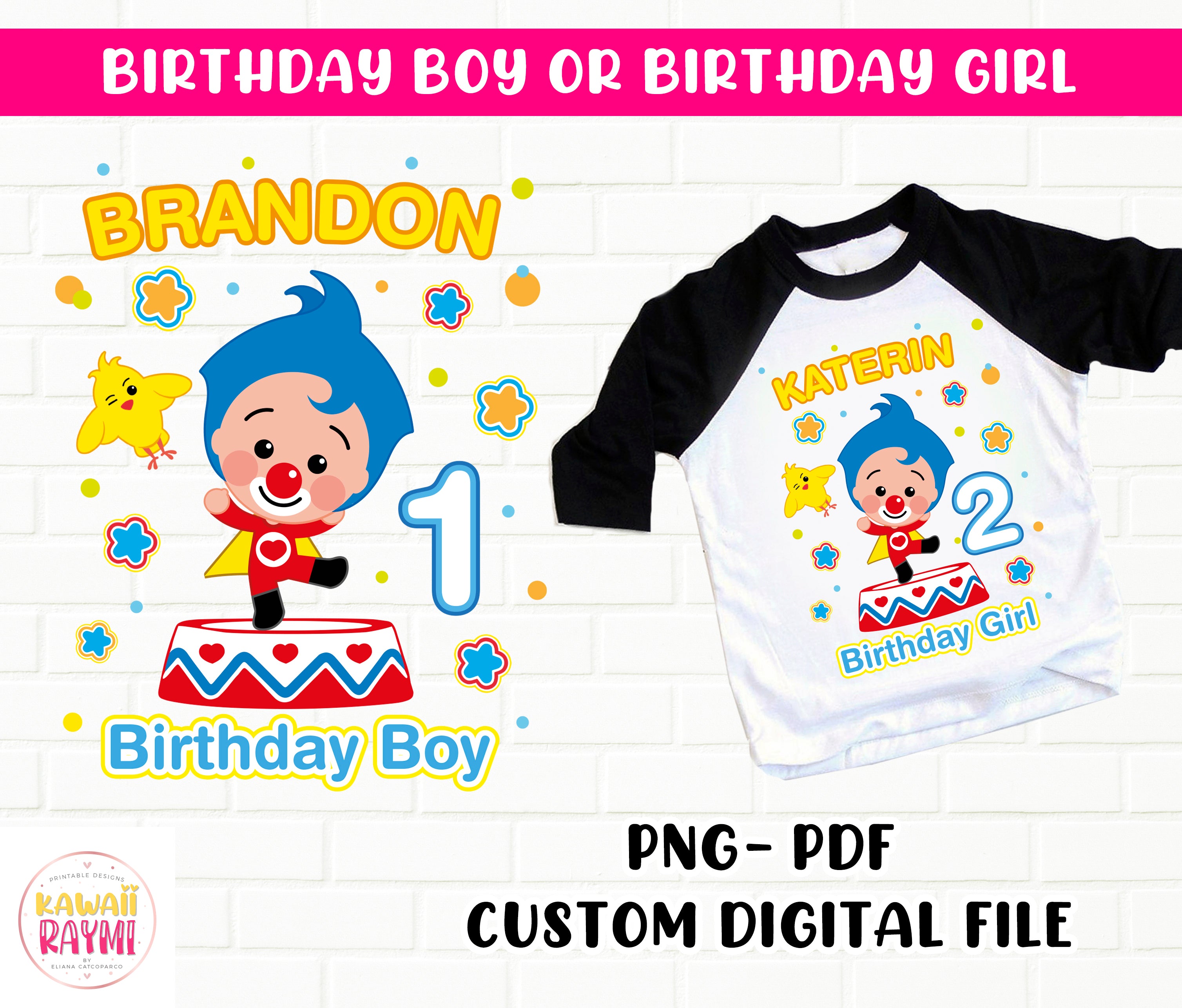 Camiseta de cumpleaños personalizada Plim Plim - PNG - PDF – Kawaii Raymi