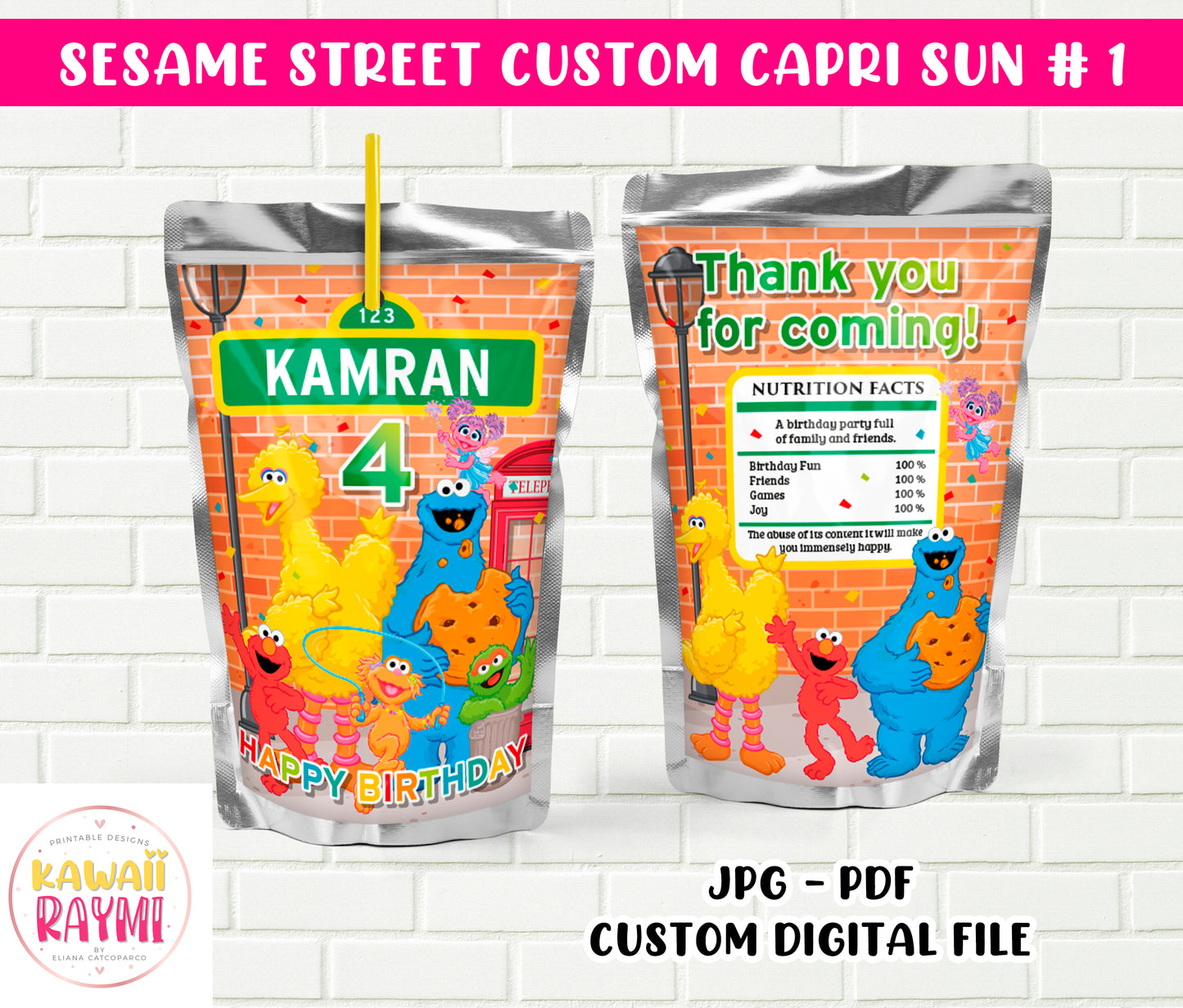 Sesame street custom Capri Sun LABEL Printable - Custom Party Favors - Thank You Gifts - Birthday -DIGITAL FILE
