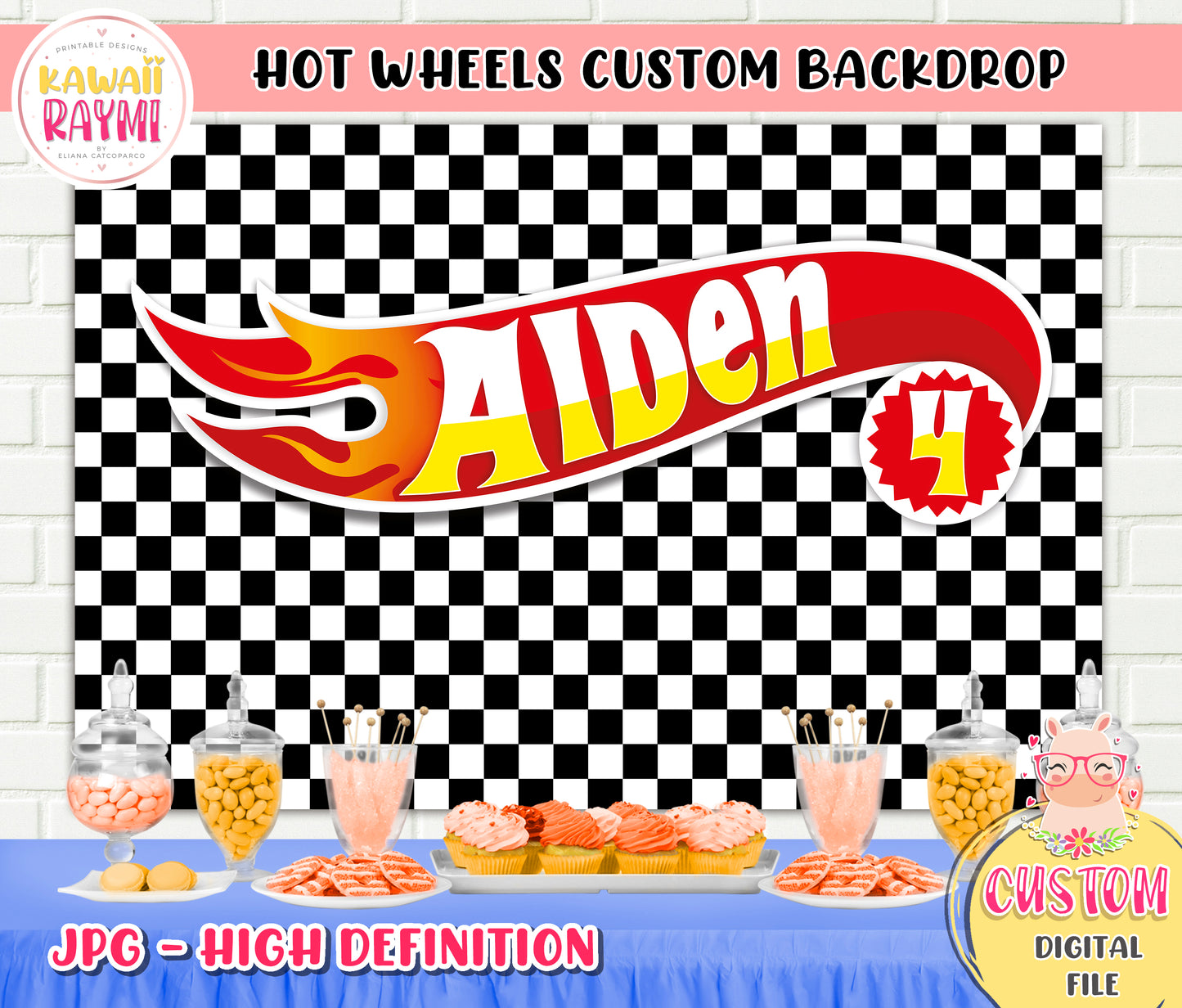 Fondo personalizado de ruedas calientes, banner de ruedas calientes imprimible, fondo digital, fiesta de cumpleaños