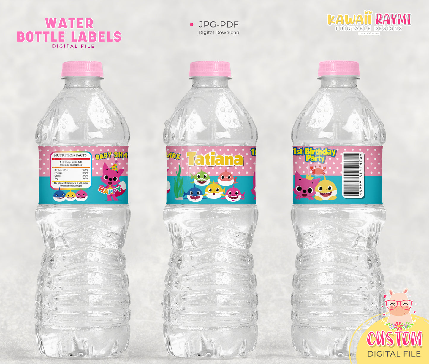 Baby shark custom water bottle labels, digital file, baby shark birthday party water bottle labels