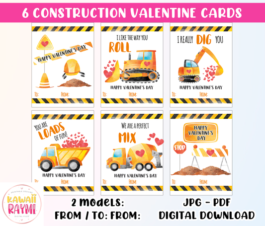 Kids Valentine Cards INSTANT DOWNLOAD Construction Vehicles, Construction Trucks Day DIY Printable Cards