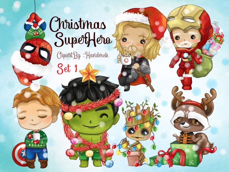 Clipart de superhéroes navideños set 1, descarga instantánea