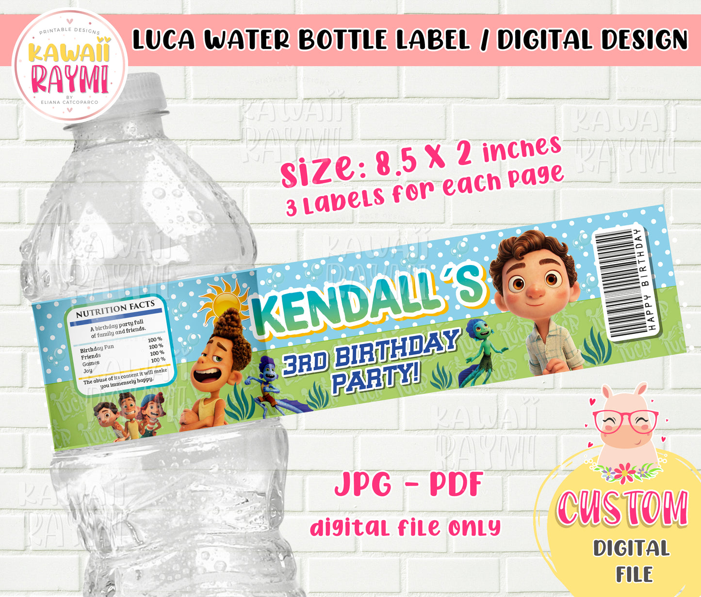 Etiqueta personalizada para botella de agua de Luca Disney