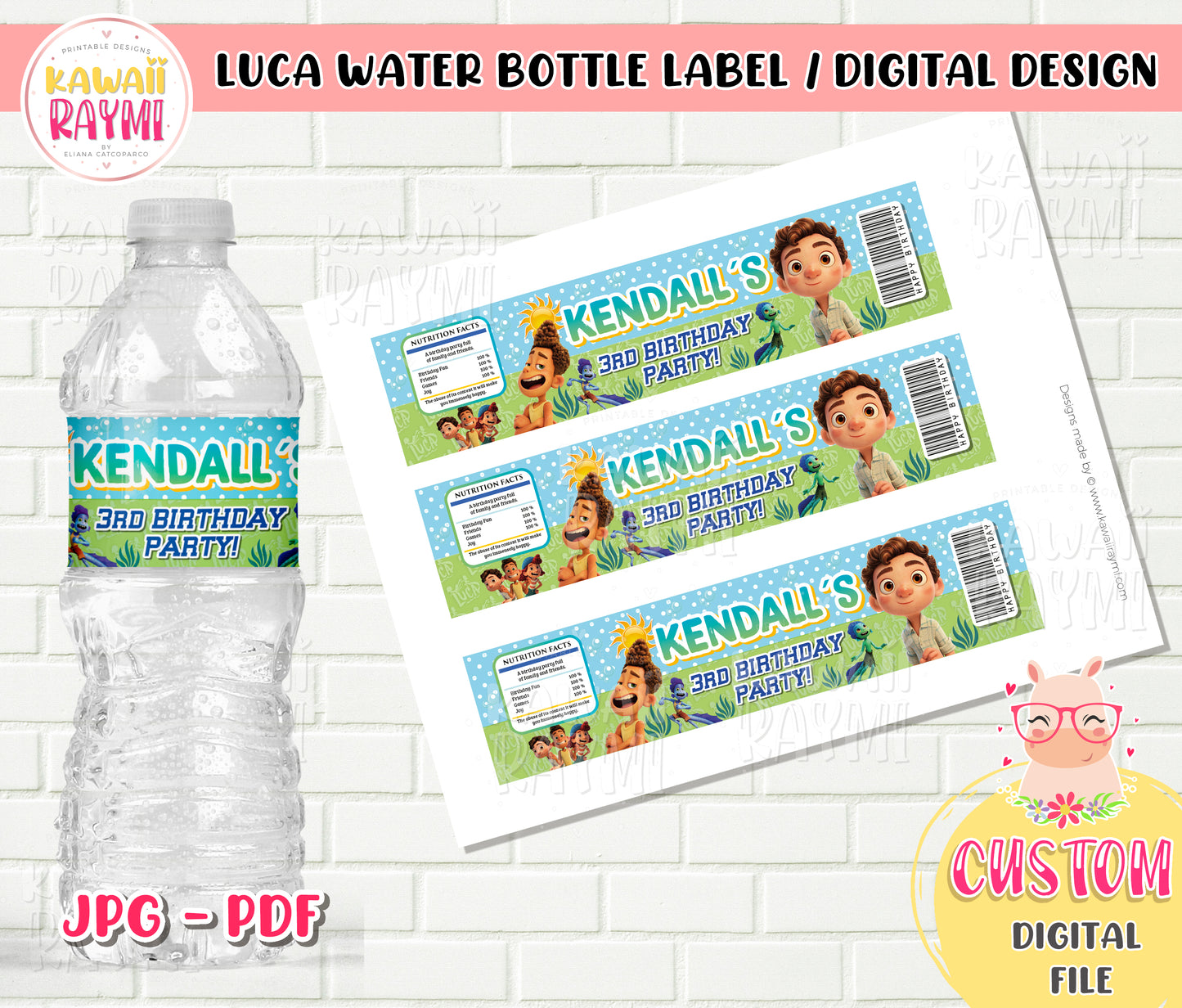 Etiqueta personalizada para botella de agua de Luca Disney