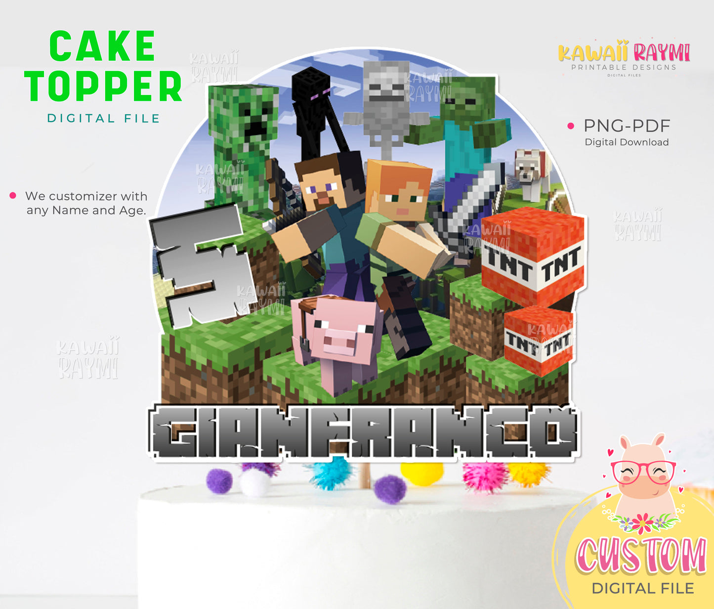 Mine videogame custom cake topper, game Printable Cake Topper, Pixel Party, Video Game Party, Pixelated Party