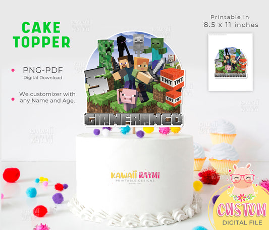Mine videogame custom cake topper, game Printable Cake Topper, Pixel Party, Video Game Party, Pixelated Party