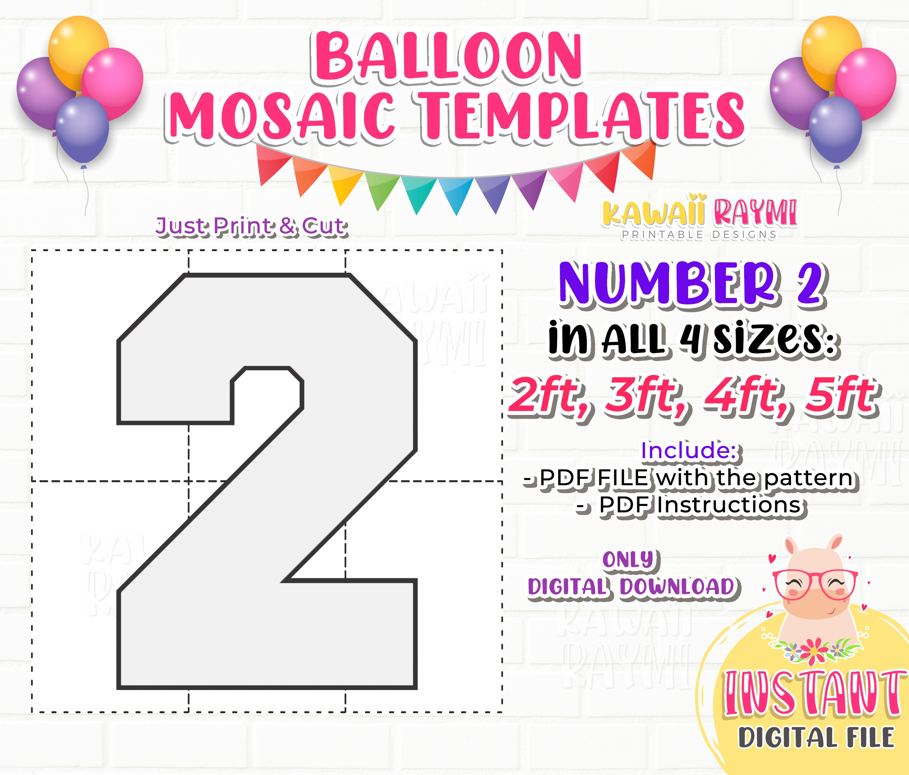 SQUARE Number 2, Balloon Mosaic Template, One Mosaic Number Template