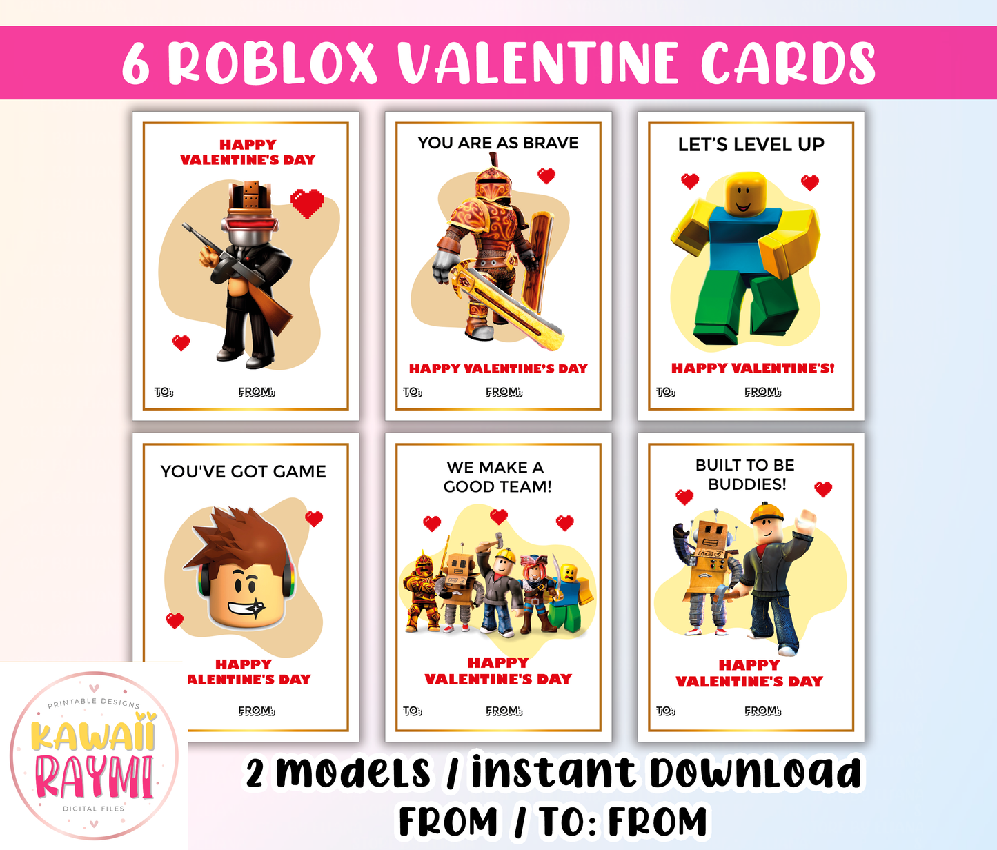 Kids Valentine Cards INSTANT DOWNLOAD Roblox Valentines cards, Valentine's Day DIY Printable Cards