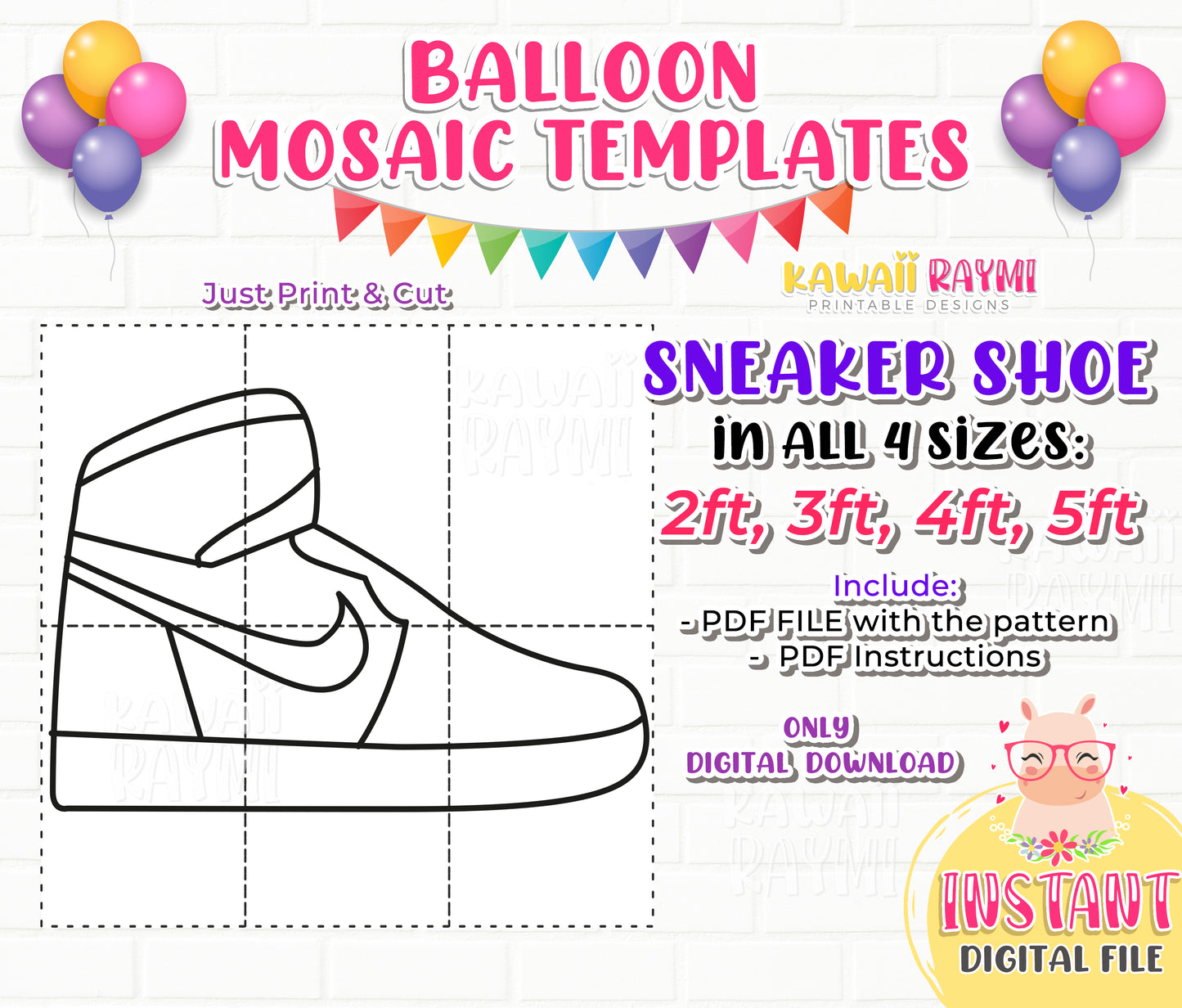 Zapatillas de deporte de globos, mosaico de zapatos de globos, ideas de decoración, letras de mosaico, plantilla de mosaico, 2 pies 3 pies, 4 pies, 5 pies, bricolaje, globos de zapatillas de mosaico