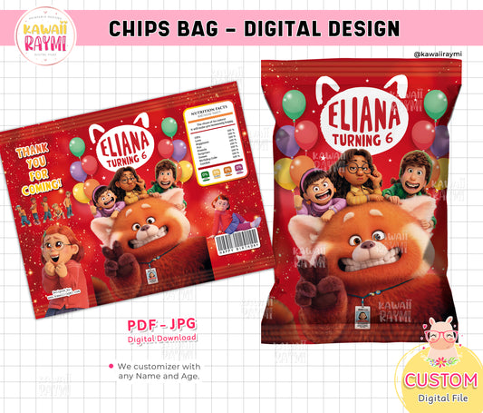 Turning red chips bag printable, turning red birthday party, supplies party red custom chips bags