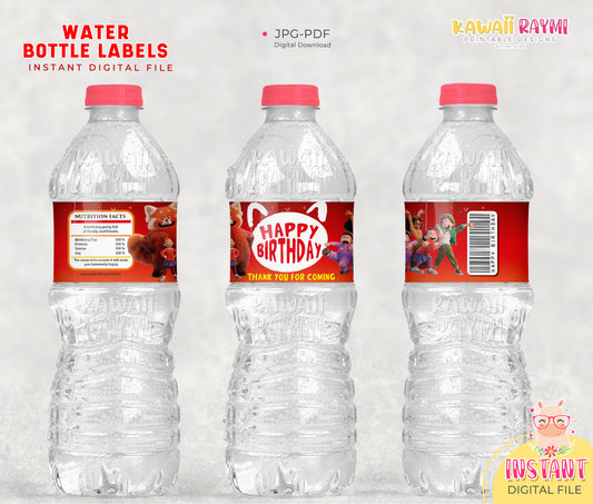 Turning red water bottle label, digital design turning red supplies party printable, water bottle labels printable