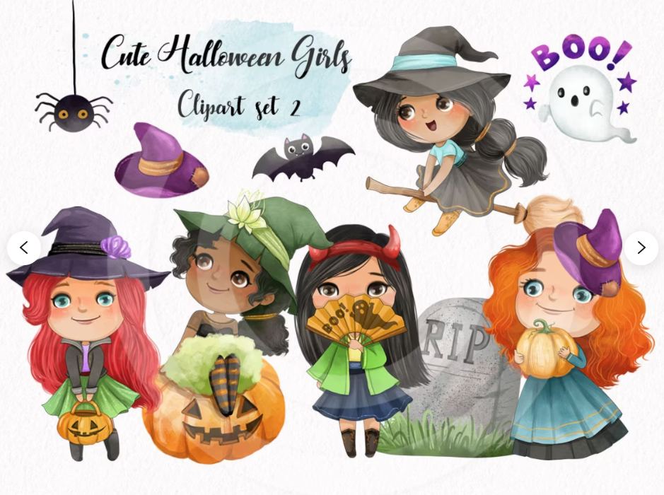 Cute halloween girls cliparts, princess halloween png