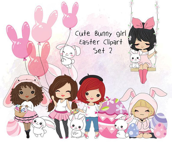 Cute bunny girl easter day cliparts, instant download png