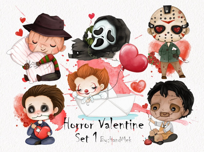 Horror Valentine set 1, cliparts, valentine halloween, descarga instan