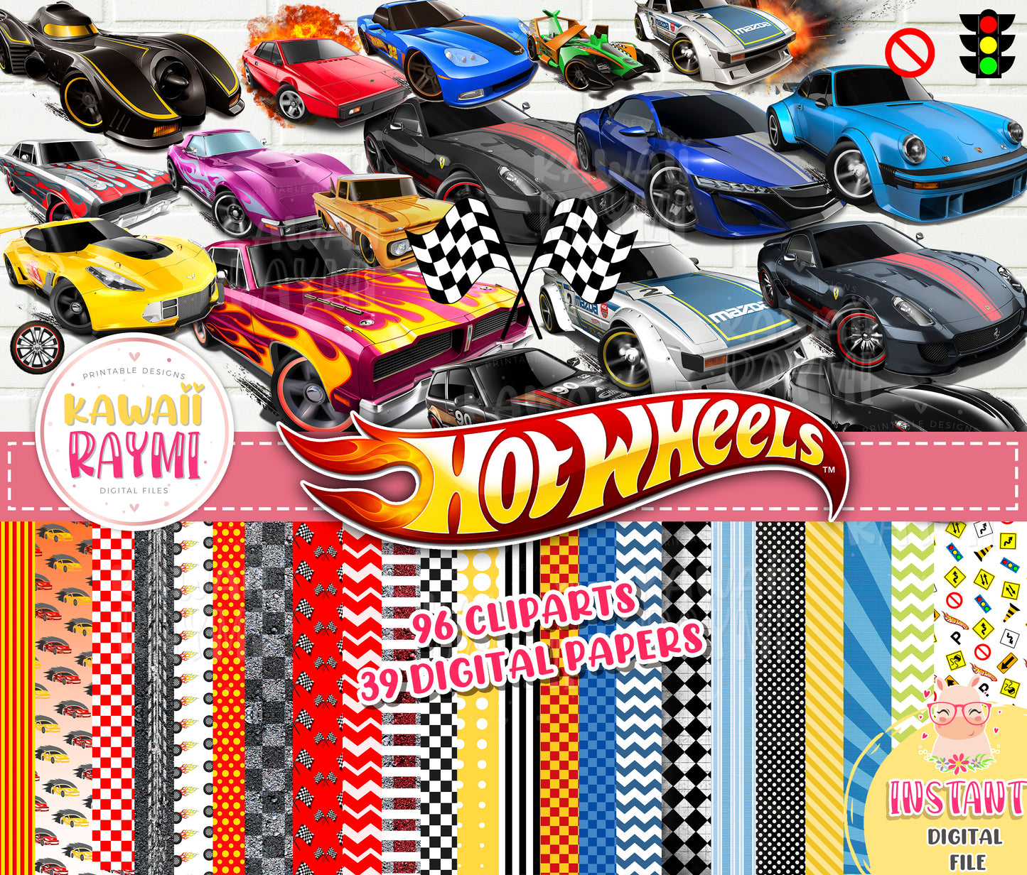 Imágenes prediseñadas de Hot Wheels, documentos digitales, descarga instantánea, autos de carreras