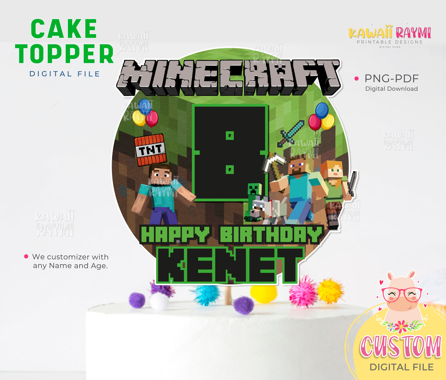 Mine custom cake topper, digital file crafter videogame cake topper, birthday party videogamer