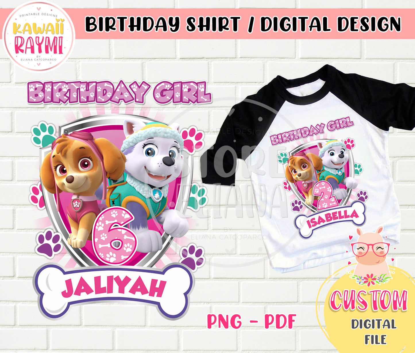 Paw Patrol SKY EVEREST - Archivo digital personalizado de camiseta de niña de cumpleaños - PNG