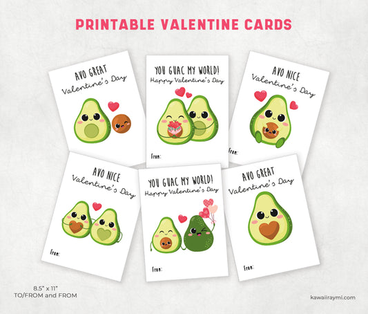 Avocado Valentine's Day Cards Cute Valentine's -Printable Kids Valentine's Day Cards