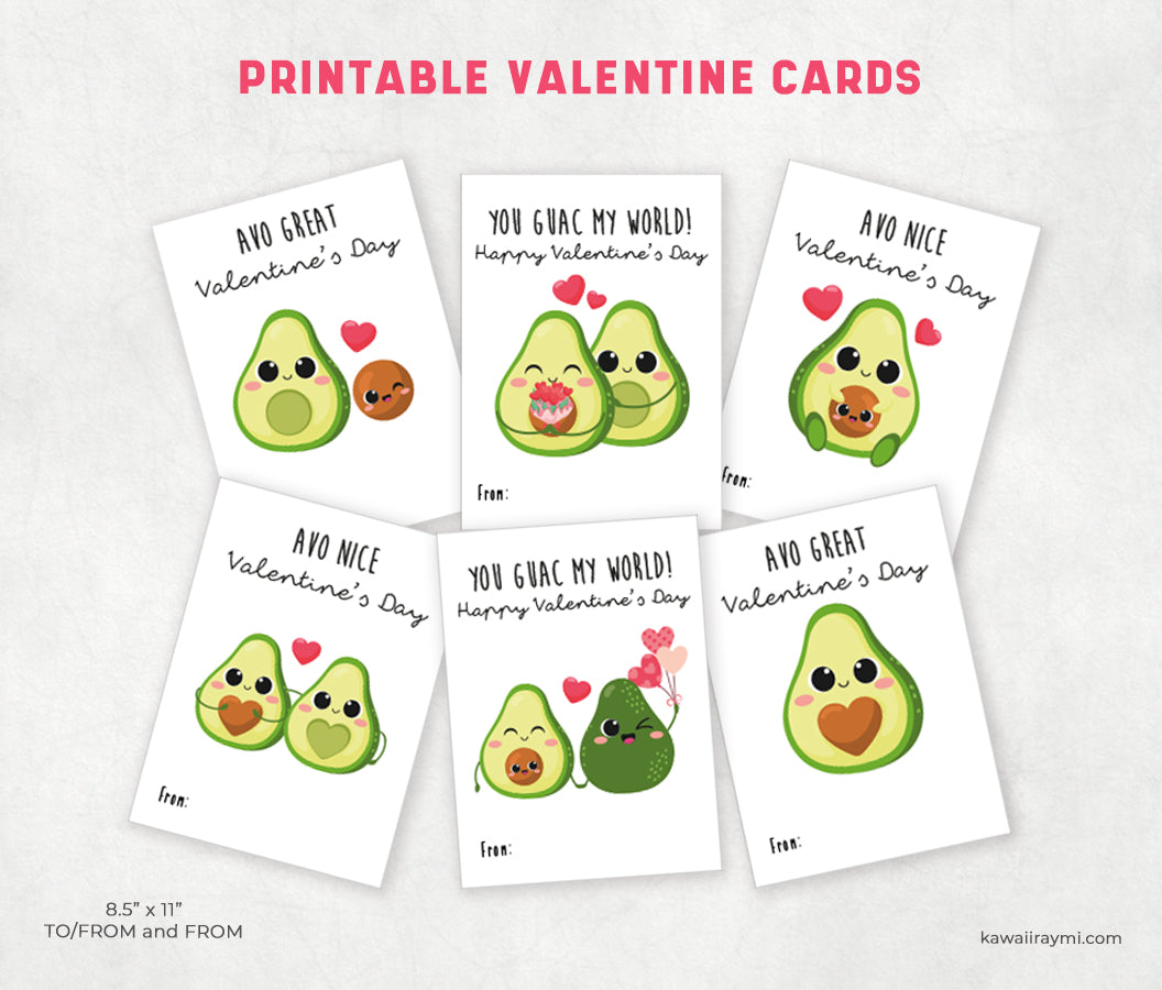 Avocado Valentine's Day Cards Cute Valentine's -Printable Kids Valentine's Day Cards