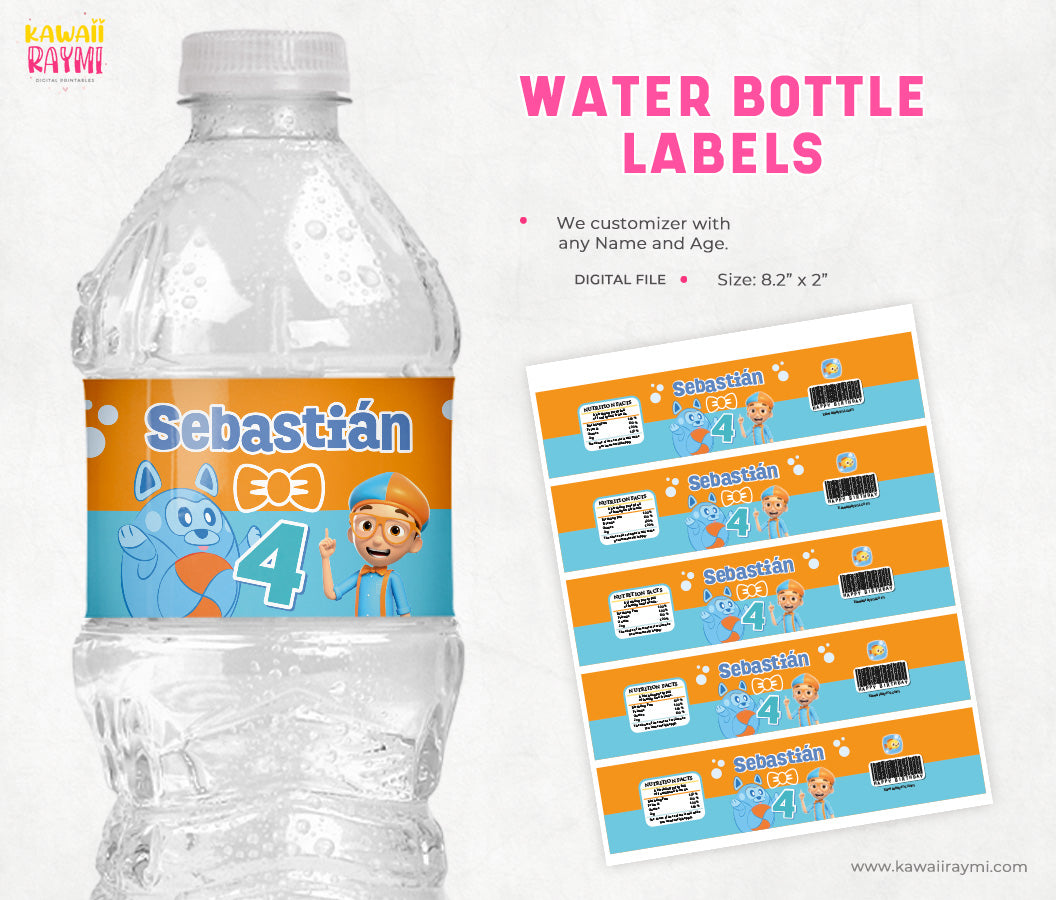 Blippi water bottle label custom birthday party