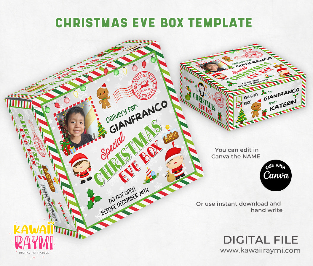 Christmas Box Template Label Editable Canva,christmas eve box DIY Holiday Gift Box Design,Digital Download,Xmas Party Favor,printable labels