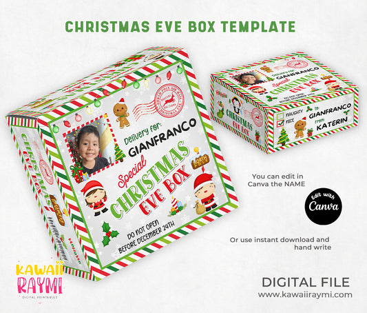 Christmas Box Template Label Editable Canva,christmas eve box DIY Holiday Gift Box Design,Digital Download,Xmas Party Favor,printable labels