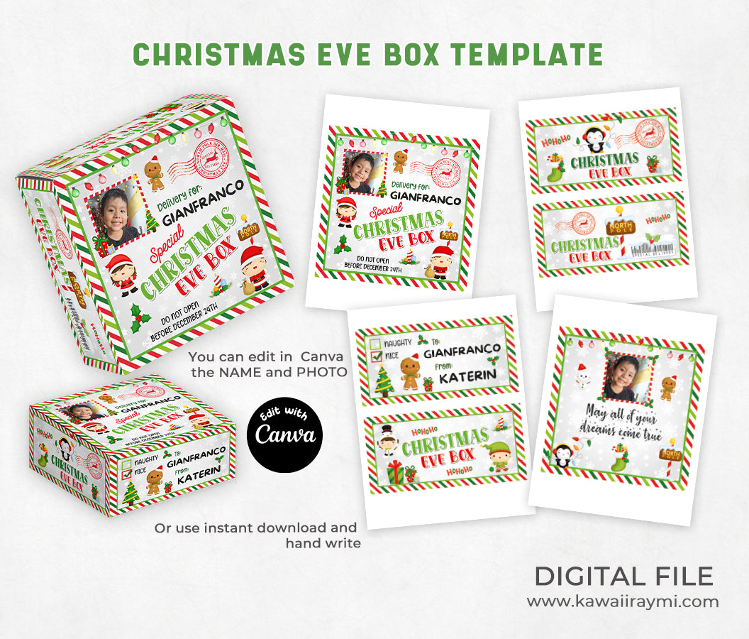 Christmas Box Template Label Editable Canva,christmas eve box DIY Holiday Gift Box Design,Digital Download,Xmas Party Favor,printable labels
