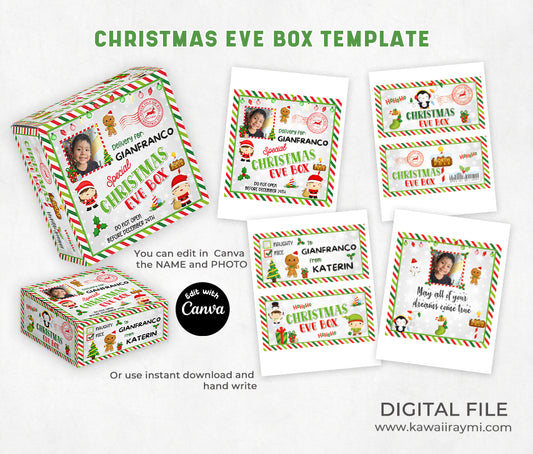 Christmas Box Template Label Editable Canva,christmas eve box DIY Holiday Gift Box Design,Digital Download,Xmas Party Favor,printable labels