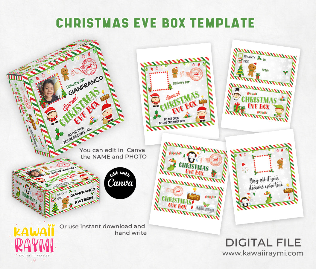 Christmas Box Template Label Editable Canva,christmas eve box DIY Holiday Gift Box Design,Digital Download,Xmas Party Favor,printable labels