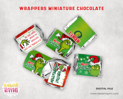 Nuggets de chocolate de Hershey de Grinch, miniaturas de chocolate de Grinch para imprimir, mini envoltorios de chocolate navideños, nuggets digitales de envoltorios de Grinch para Grinch